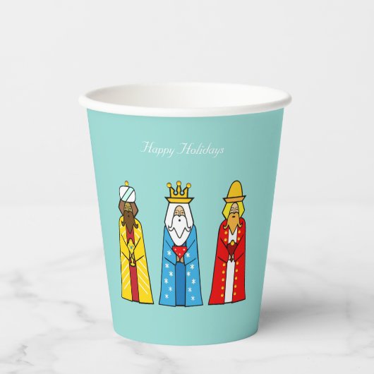 Mannen met kerstmis op lichte blauw papier papieren bekers (Voorkant)