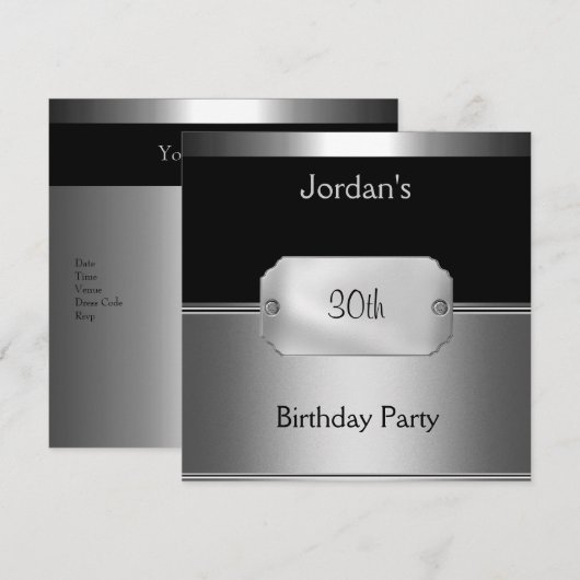 Mannen Metal Black Silver 30th Birthday Party Kaart (Voorkant / Achterkant)