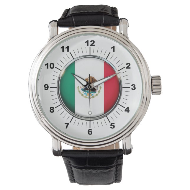 Mannen Mexico Vlag Zwart Leren Strap Horloge (Voorkant)
