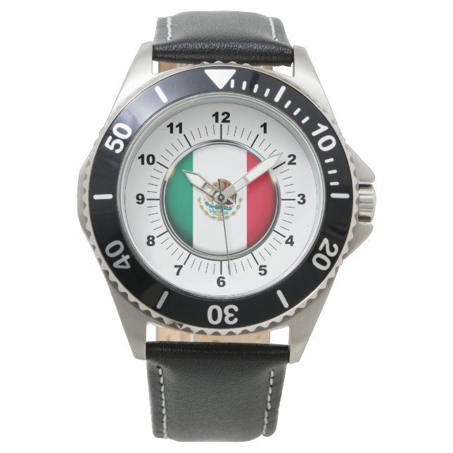 Mannen Mexico Vlag Zwart Leren Strap Horloge (Voorkant)