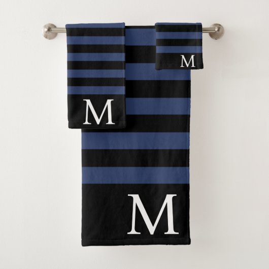 Mannen-monogram Initiaal zwart-blauwe strepen Bad Handdoek (Insitu)