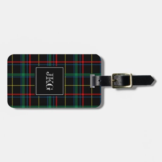 Mannen Monogrammen Modern Black Green Pset Tartan Bagagelabel (Voorkant horizontaal)