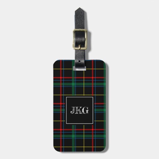 Mannen Monogrammen Modern Black Green Pset Tartan Bagagelabel (Voorkant verticaal)
