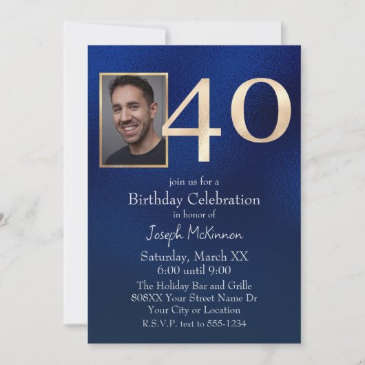 Mannen Navy Blauw en Goud 40e Verjaardag Kaart (Voorkant)