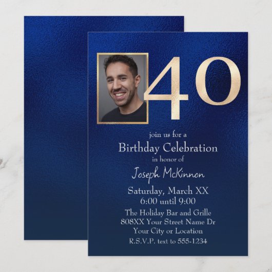 Mannen Navy Blauw en Goud 40e Verjaardag Kaart (Voorkant / Achterkant)