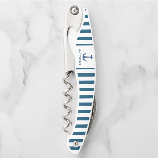 Mannen Navy Blue Anchor Custom Monogram Waiter Kurkentrekker (Voorkant)