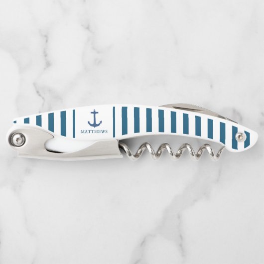 Mannen Navy Blue Anchor Custom Monogram Waiter Kurkentrekker (Voorkant)