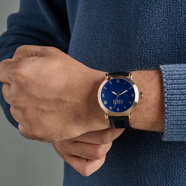 Mannen Navy Blue Gold Monogram Zwart Lederen Strap Horloge (Mens Navy Blue Gold Monogram Black Leather Strap Watch)