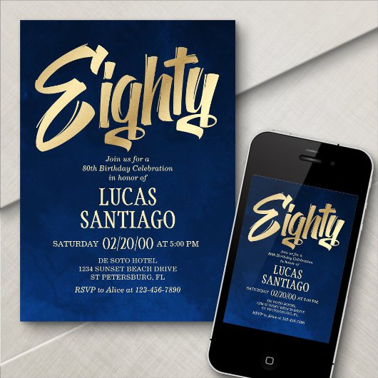 Mannen Navy Gold 80e verjaardag uitnodiging