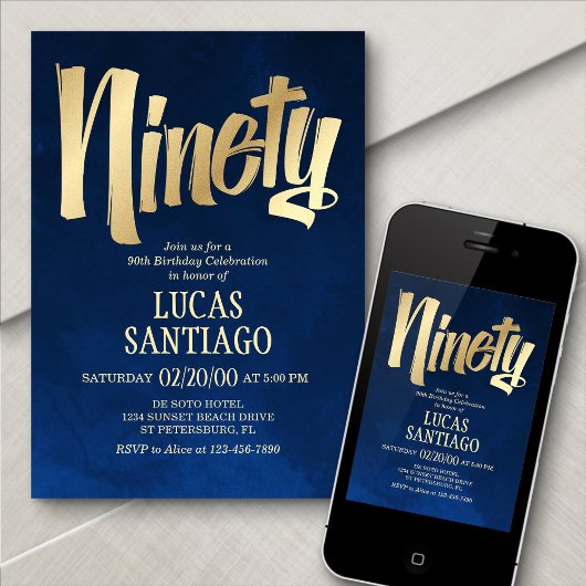 Mannen Navy Gold 90e verjaardag uitnodiging