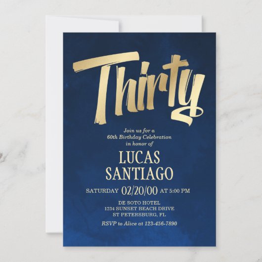 Mannen Navy Gold uitnodiging voor 30e verjaardag (Voorkant)