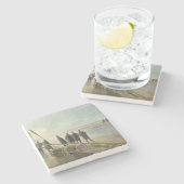 Mannen op het strand (gevaarlijk werk bij lage tem stenen onderzetter (Zijkant)