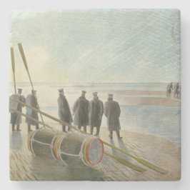 Mannen op het strand (gevaarlijk werk bij lage tem stenen onderzetter