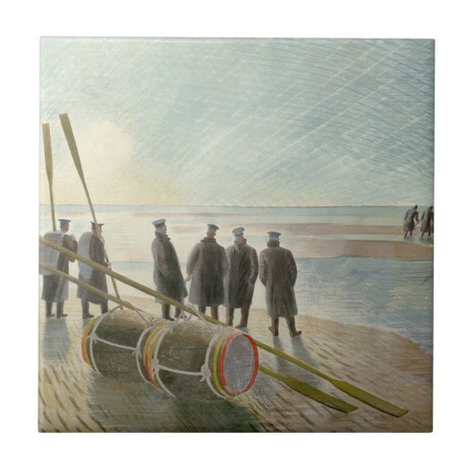 Mannen op het strand (gevaarlijk werk bij lage tem tegeltje (Voorkant)