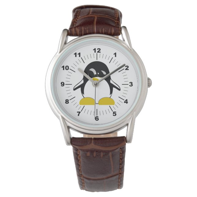 Mannen Penguin Klassiek Bruin Lederen Riemhorloge Horloge (Voorkant)