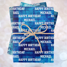 Mannen personaliseren Birthday Gezegden 3 Blauw Inpakpapier Vel