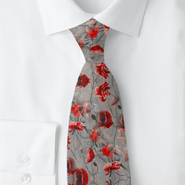 Mannen Poppy Red Flowers on Grey Botanical | Stropdas