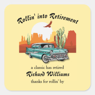 Mannen Retirement Retro Classic Blauwe Auto Woesti Vierkante Sticker