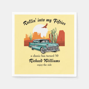 Mannen Retro Klassiek Blauw Auto Woestijn 50e Verj Servet