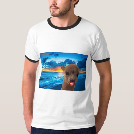 mannen Ringer t-shirt Alpaca op het strand (Voorkant)