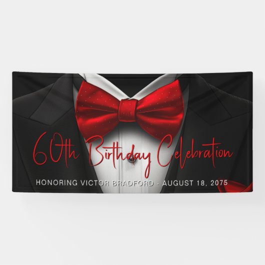 Mannen Rode Zwarte Tuxedo Verjaardagsfeestbanner Spandoek (Horizontaal)