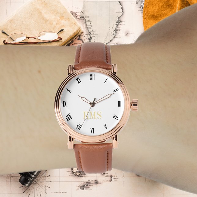 Mannen  Roos gouden Initiaal bruine lederen band Horloge (Mens Vintage Rose Gold Initial Brown Leather Strap Watch)