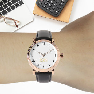 Mannen  Roos gouden Initiaal zwart lederen band Horloge