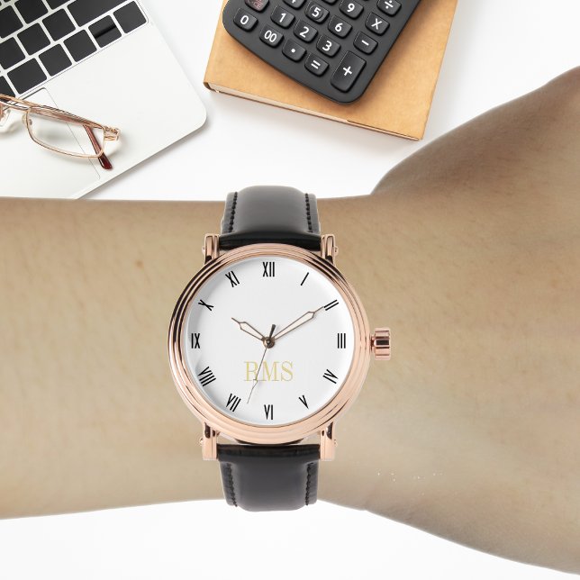 Mannen  Roos gouden Initiaal zwart lederen band Horloge (Mens Vintage Rose Gold Initial Black Leather Strap Watch)