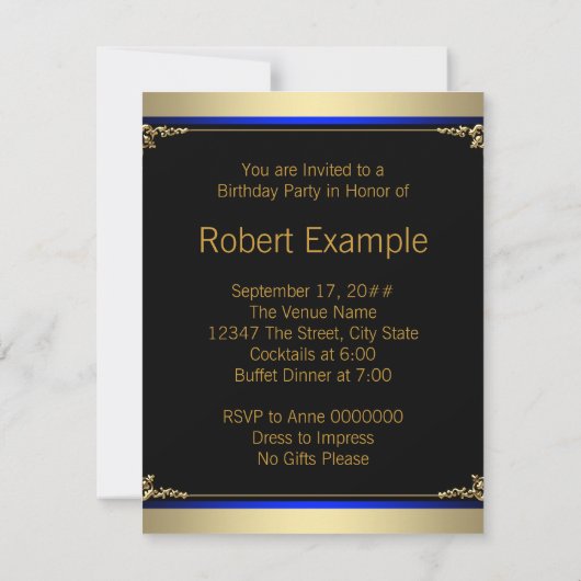 Mannen Royal Blue en Gold verjaardagsfeest Kaart (Achterkant)