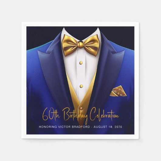 Mannen Royal Blue Gold Tuxedo verjaardagsfeestje Servet (Voorkant)