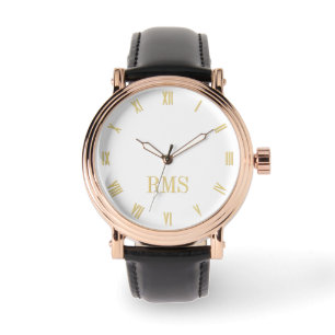 Mannen Rozen gouden monogram zwarte lederen band Horloge