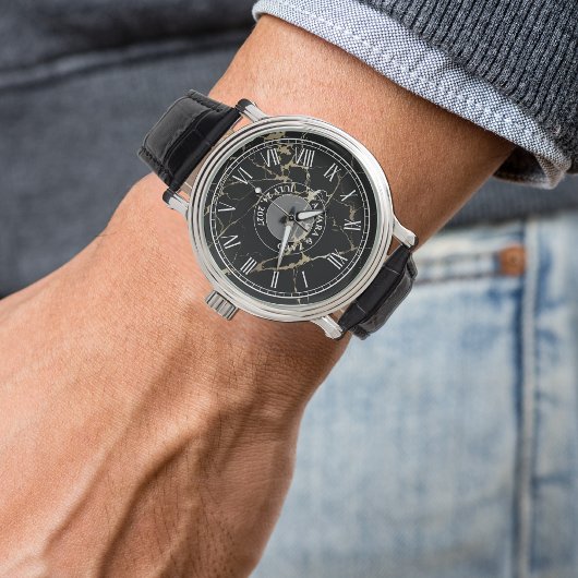 Mannen’s Black Faux Marble Horloge – Leder – 