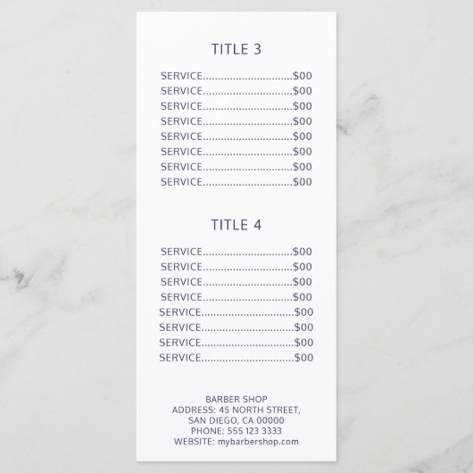 Mannen salon eenvoudige marine en wit prijs servic programmakaart (Achterkant)