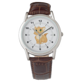 Mannen Schattige Cat Classic bruin leren riemhorlo Horloge