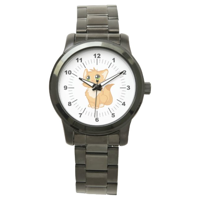Mannen Schattige Cat Oversized Zwarte Armband Horloge (Voorkant)