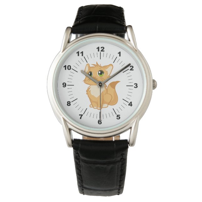 Mannen Schattige Cat zwart lederen band Horloge (Voorkant)