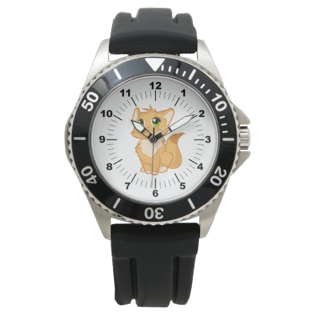 Mannen Schattige Cat Zwart Rubber Strap Horloge (Voorkant)