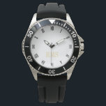 Mannen sportieve robuuste monogram zwarte rubberen horloge<br><div class="desc">Aangepaste, gepersonaliseerde, mannen koele, sportieve, robuuste, zwarte rubberen band, gelegeerd hoesje, faux gouden monogram kroonbeschermer polshorloge. Typ gewoon de initialen in. Ga je gang creëer een prachtig, aangepaste horloge voor de speciale mannen in je leven - vader, bruidegom, man, broer, opa, vriend. Maakt een geweldig cadeau op maat voor vaderdag,...</div>