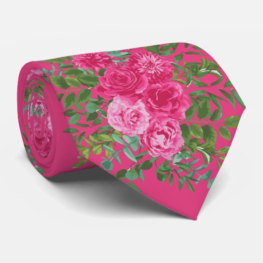 Mannen Stropdas Bright Pink Floral Bruiloft (Opgerold)