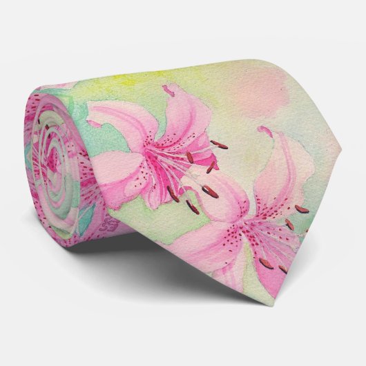 Mannen Stropdas Roze Waterverf Lilies (Opgerold)