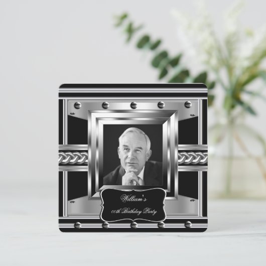 Mannen Studs Black Silver Birthday Foto 2 Kaart (Staand voorkant)