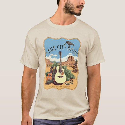 Mannen t-shirt met Sage City-band logo. (Voorkant)