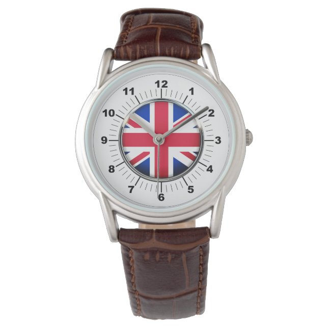 Mannen UK Vlag Klassiek Bruin Lederen Strap Horlog Horloge (Voorkant)