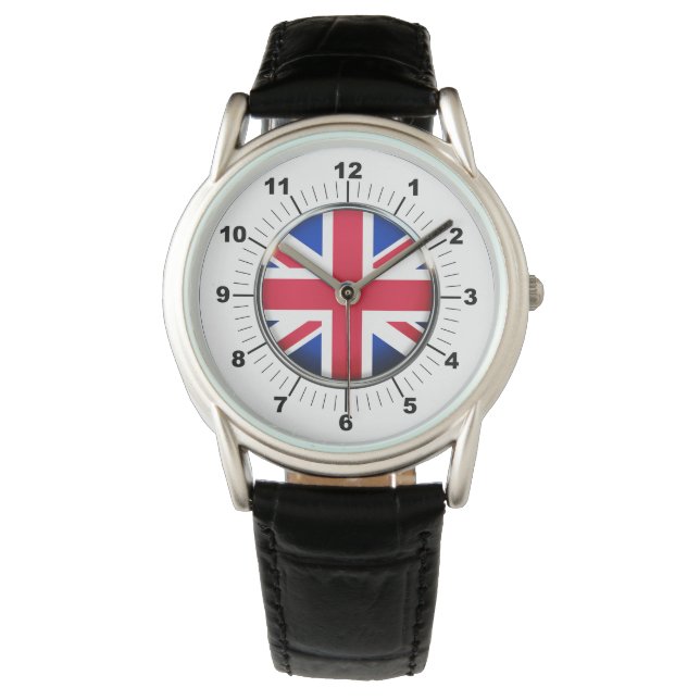 Mannen UK vlag zwart lederen riem horloge (Voorkant)
