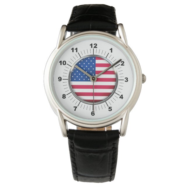 Mannen USA Crown Protector Zwart lederen band Horloge (Voorkant)