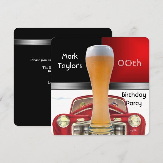 Mannen verjaardagsfeestdag rode bier oude auto toe kaart (Voorkant / Achterkant)