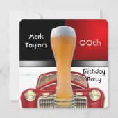 Mannen verjaardagsfeestdag rode bier oude auto toe kaart (Voorkant)
