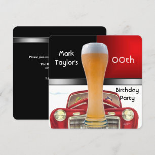 Mannen verjaardagsfeestdag rode bier oude auto toe kaart