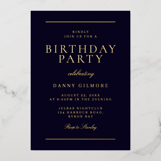 Mannen verjaardagsfeestje zwart en goud folie uitnodiging (Voorkant)