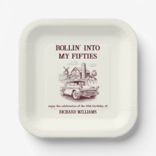 Mannen Vintage Schuur Auto Rol naar 50e Verjaardag Papieren Bordje
